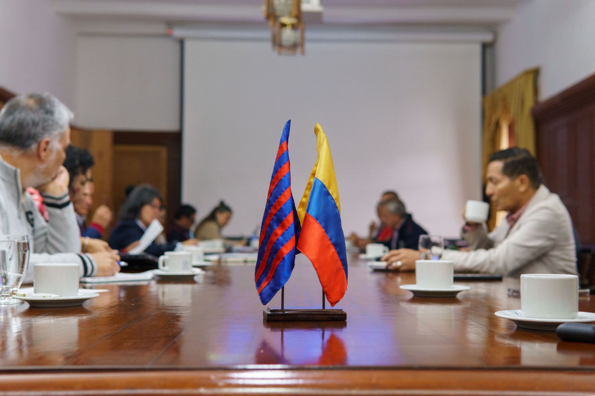 Imagen del Salón de Los Consejos de la Universidad del Cauca, banderas de la Universidad y de Colombia
